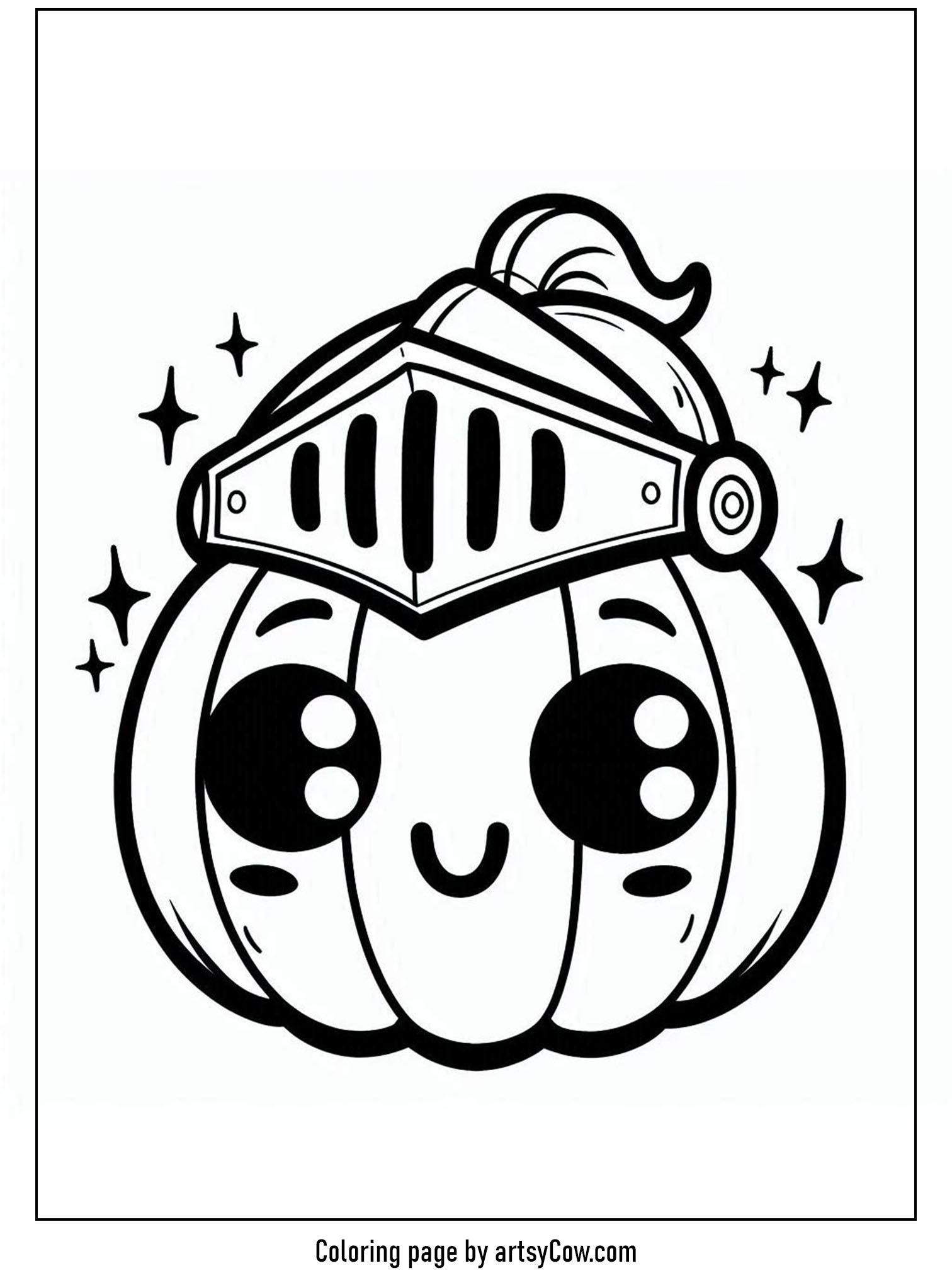 halloween coloring pages with jack-o-lantern featuring a cute pumpkin donning a knight's helmet, surrounded by stars.